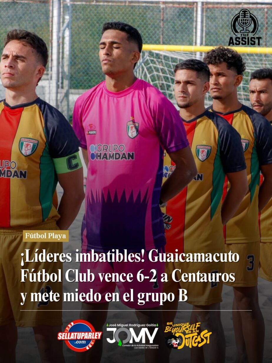 @guaicamacuto_fcoficial vence 6-2 a @centaurosdecaracas y mete miedo en el grupo B de la @ligafutveplaya. 🇻🇪🏆 Guaicamacuto Fútbol Club se sigue afianzando como la organización más sólida del futbol playa venezolano, muestra de eso fue la victoria de hoy 6-2 ante un equipo de Centauros de Caracas que tiene piezas sólidas. Previo a este juego, El conjunto “cacique” ya había derrotado 11-0 a Delta Eres Tú FC, del estado Delta Amacuro, y 0-2 al equipo de Deportivo Español, del estado Barinas. Con este triunfo de hoy, llegan a 9 unidades con balance de 19 goles anotados y solamente 2 recibidos. Con la clasificación a las semifinales aseguradas, Guaicamacuto buscará mañana asegurar el primer lugar y así tener una mejor posición de cara a las semifinales, recordando que el ganador de la fase nacional disputará la @libertadoresfp que se disputará en Chile 🇨🇱. 🗣🤝 Esta noticia es presentada por: 🔹 @sellatuparleyoficial ¡Compartimos tu pasión! 🔹 @jomyrogseguros ¡José Miguel Rodriguez Goitia, tu asesor de seguros en Venezuela! 🔹 @outcastcigars ¡Be unique, Be yourself, BE AN OUTCAST! #FutbolPlaya #Guaicamacuto #Venezuela #GreivisVasquez